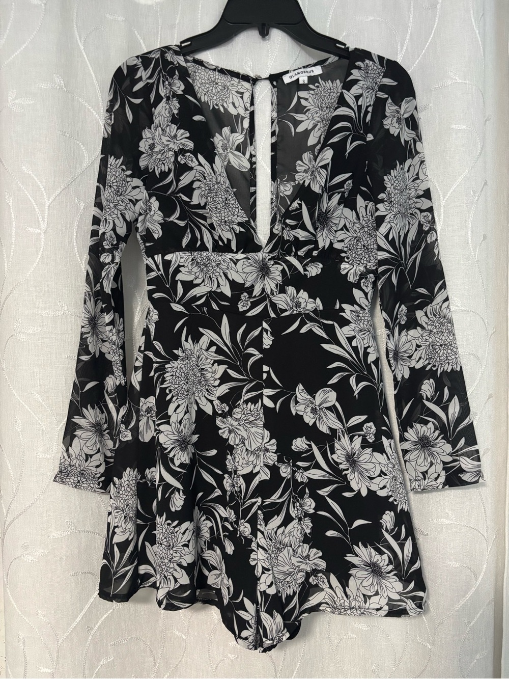 Glamorous Black and White Floral Long-Sleeve Romper Dress